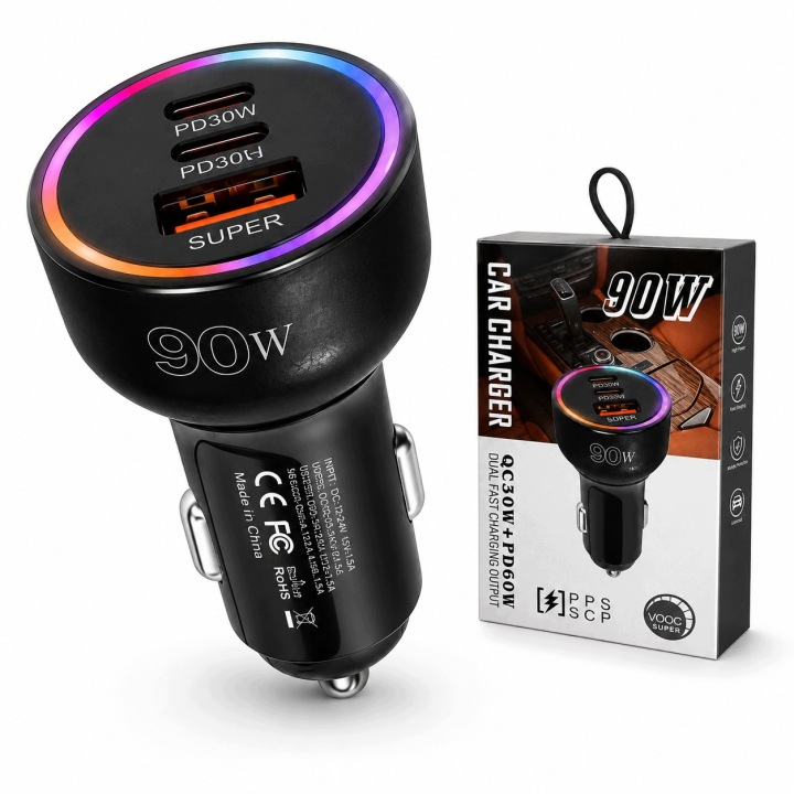 ŁADOWARKA SAMOCHODOWA 90W 2X USB-C USB-A QC 3.0 QC30W+PD60W
