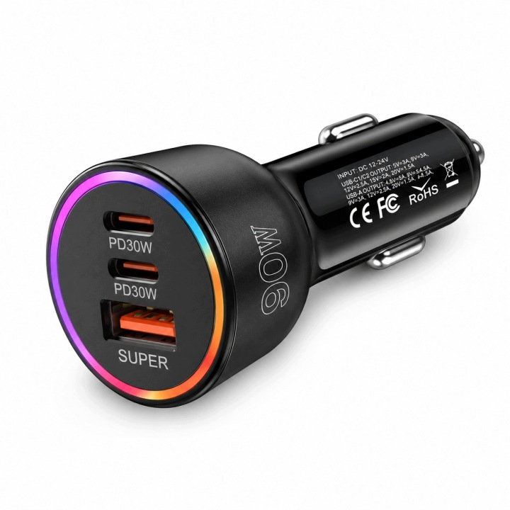 ŁADOWARKA SAMOCHODOWA 90W 2X USB-C USB-A QC 3.0 QC30W+PD60W